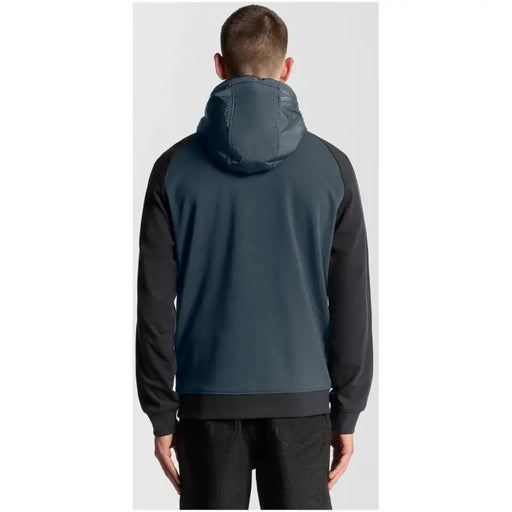 Lyle and Scott men blue zip hooded sweatshirt in dark teal and black with a quilted hood and two-tone design