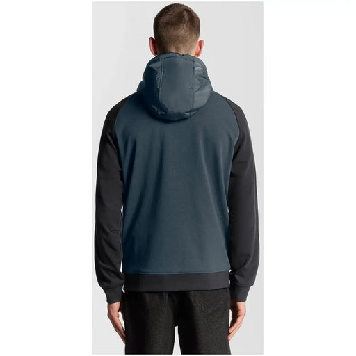 Lyle and Scott men blue zip hooded sweatshirt in dark teal and black with a quilted hood and two-tone design