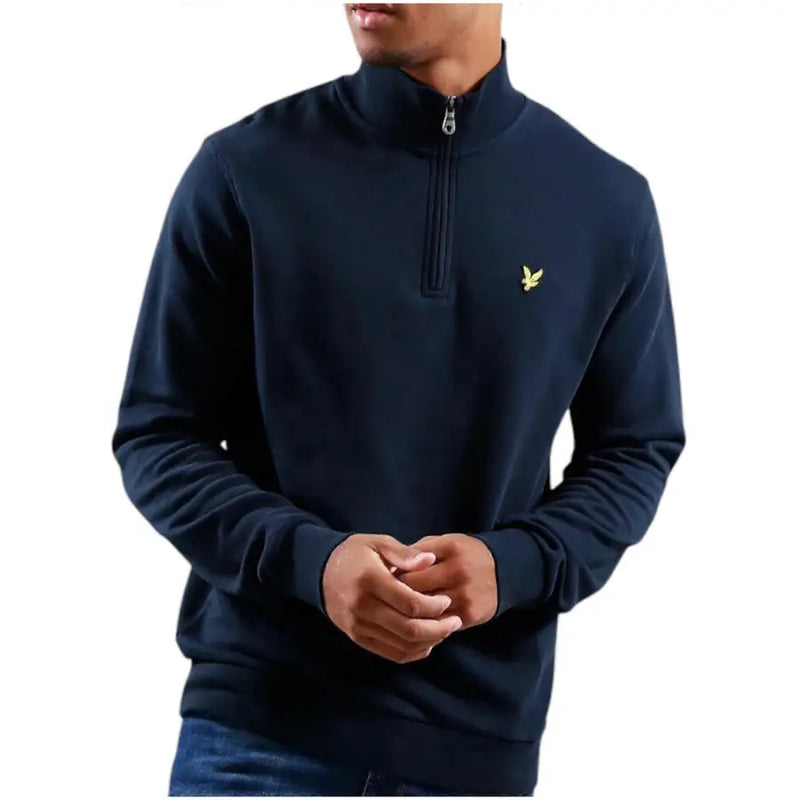 Navy blue Lyle & Scott men blue zip turtleneck fleece sweater with yellow bird logo for fall winter wear