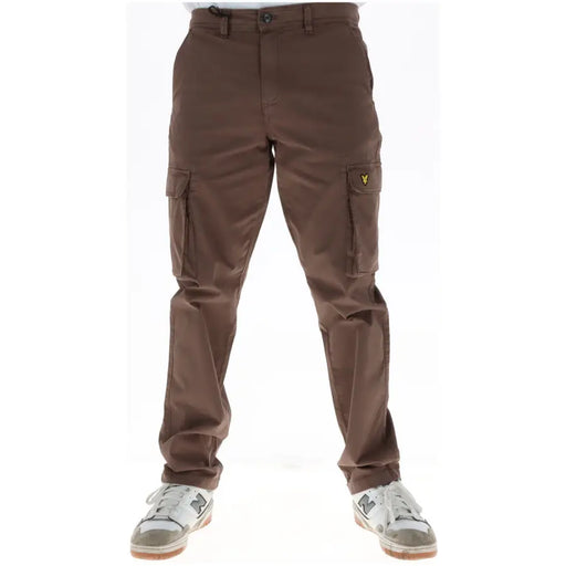 Lyle and Scott men brown cotton cargo trousers with yellow bird logo on thigh pocket model TR1802ITA