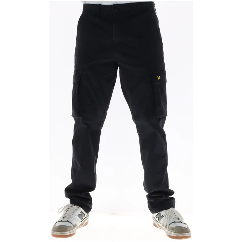 Lyle and scott men brown cotton trousers featuring black cargo pants with yellow bird logo on thigh pocket