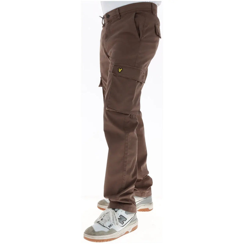 Lyle and Scott men brown cotton cargo trousers with multiple pockets and yellow bird logo on the thigh