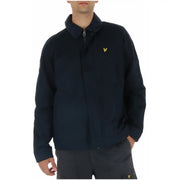 Navy blue lyle and scott men cotton blend zip blazer with dark collar and gold embroidered logo on the chest