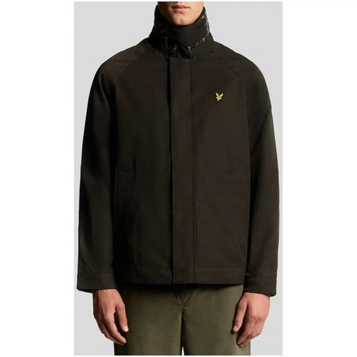 Lyle and Scott men cotton blend black zip blazer featuring a dark olive green waterproof jacket with gold bird logo