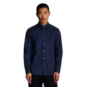 Lyle and Scott men cotton shirt blue long sleeve with subtle embroidered logo on chest and button-down design