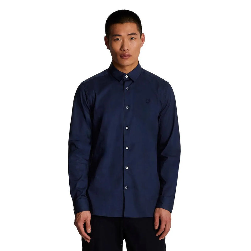 Lyle and Scott men cotton shirt blue long sleeve with subtle embroidered logo on chest and button-down design