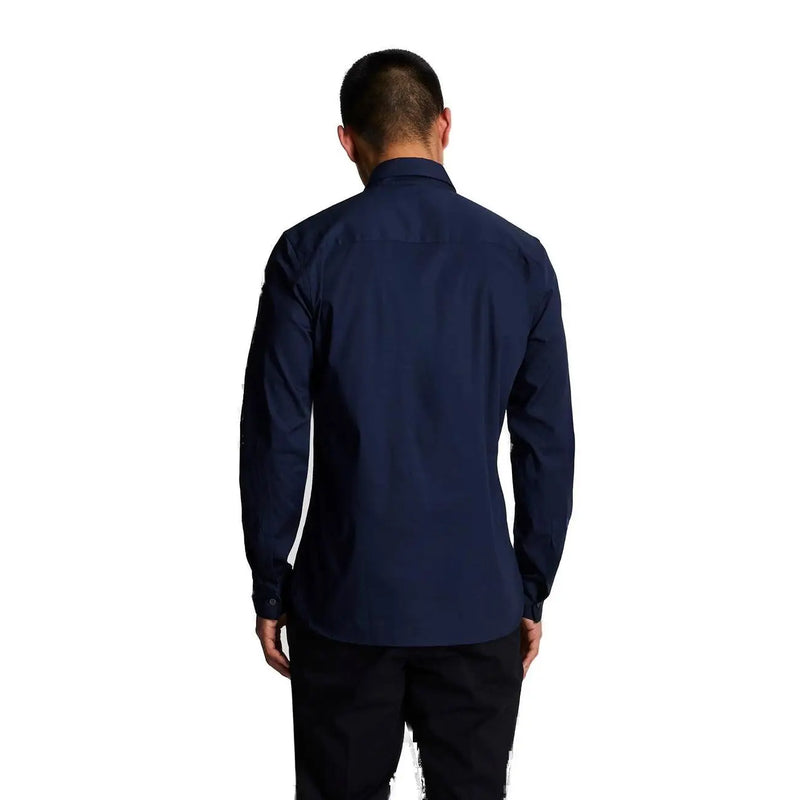 Navy blue Lyle and Scott men cotton long sleeve shirt with subtle white side stripes and button-up front