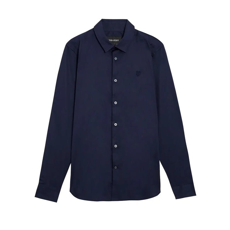 Navy blue long-sleeved cotton shirt by Lyle and Scott for men with button-down front detail