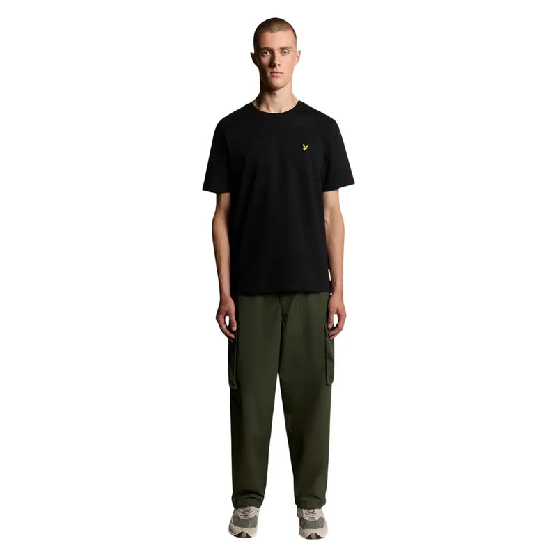 Lyle and Scott men cotton t shirt black with a small yellow bird logo on the left chest in short sleeves
