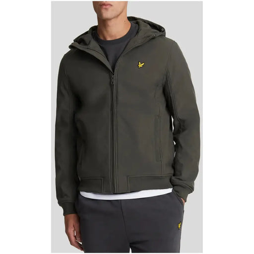Dark olive green lyle and scott zip-up polyester hoodie with yellow bird logo on chest for men