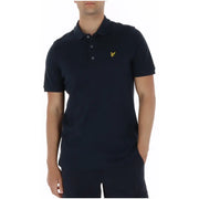 Navy blue Lyle Scott men polo shirt with yellow bird logo made of cotton and elastane short sleeve fabric