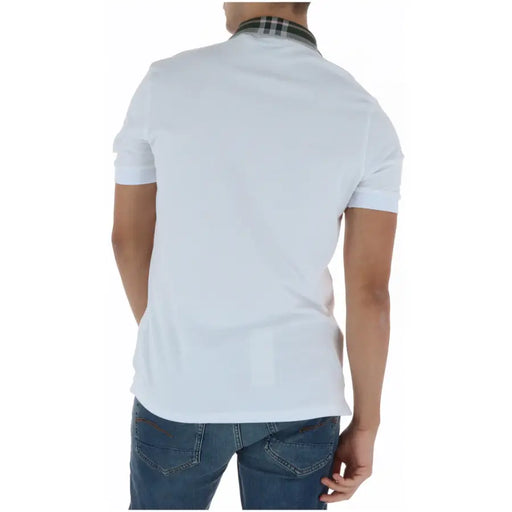 Lyle and Scott men polo white short sleeve cotton blend shirt with contrasting dark plaid collar