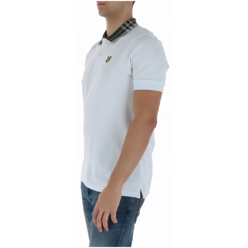 Lyle & Scott Herren-Polohemd, weiß, kurzärmelig, aus Baumwollmischgewebe, mit kariertem Kragen und gelbem Logo auf der Brust