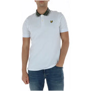 Lyle & Scott Herren-Polohemd, weiß, Kurzarm, Baumwollmischung, mit dunkelgrün-weiß gestreiftem Kragen und gelbem Vogellogo