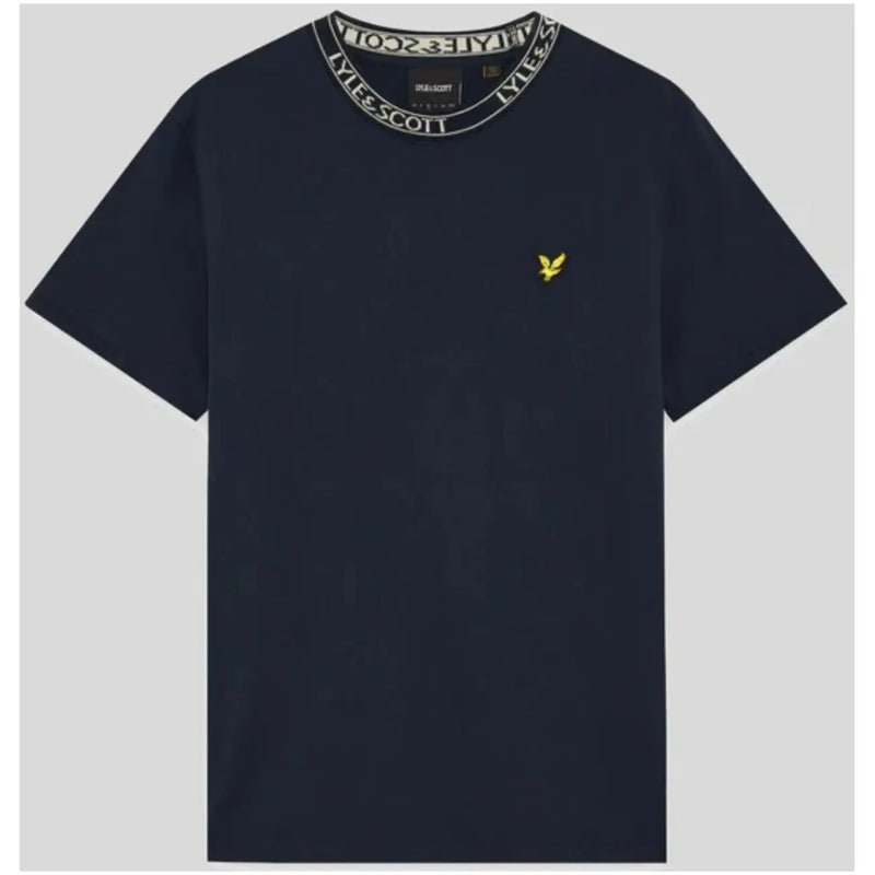 Navy blue lyle and scott men t-shirt with white ribbed collar and yellow embroidered bird logo on the chest