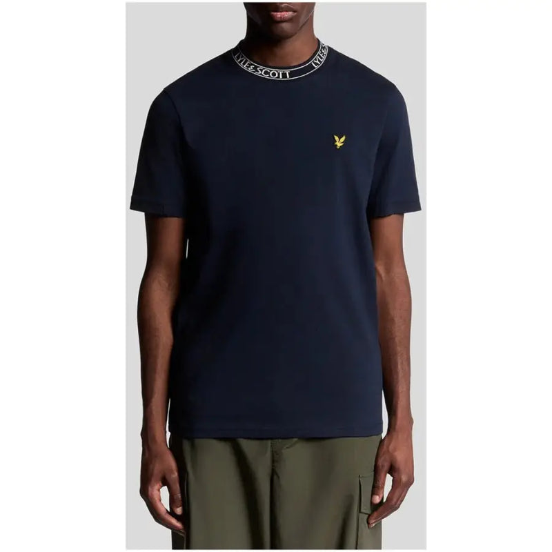 Navy blue cotton lyle and scott men t-shirt with white collar lettering and a small gold bird logo on the chest