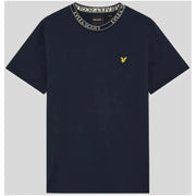 Navy blue lyle and scott men t-shirt with white ribbed collar and yellow embroidered bird logo on the chest