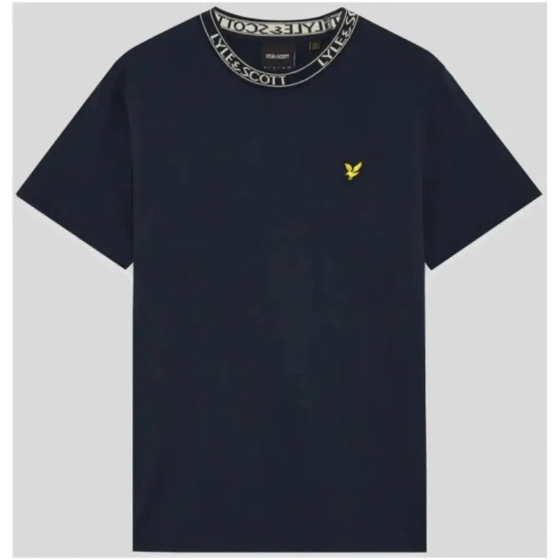 Navy blue lyle and scott men t-shirt with white ribbed collar and yellow embroidered bird logo on the chest