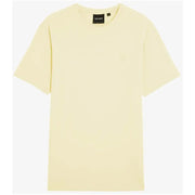 Lyle & Scott men t-shirt pale yellow minimalist crew neck with subtle embroidered logo and black brand tag at neckline