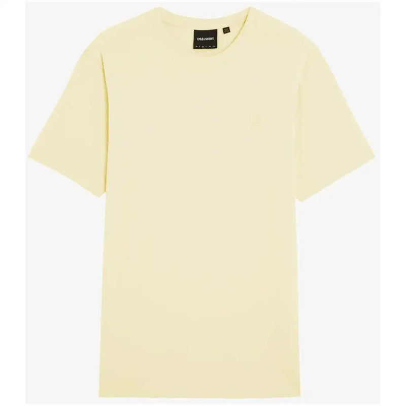 Lyle & Scott men t-shirt pale yellow minimalist crew neck with subtle embroidered logo and black brand tag at neckline