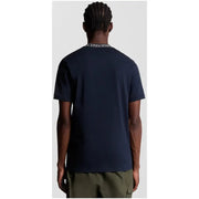 Navy blue short-sleeved cotton t-shirt for men by Lyle & Scott with a white logo band around the collar