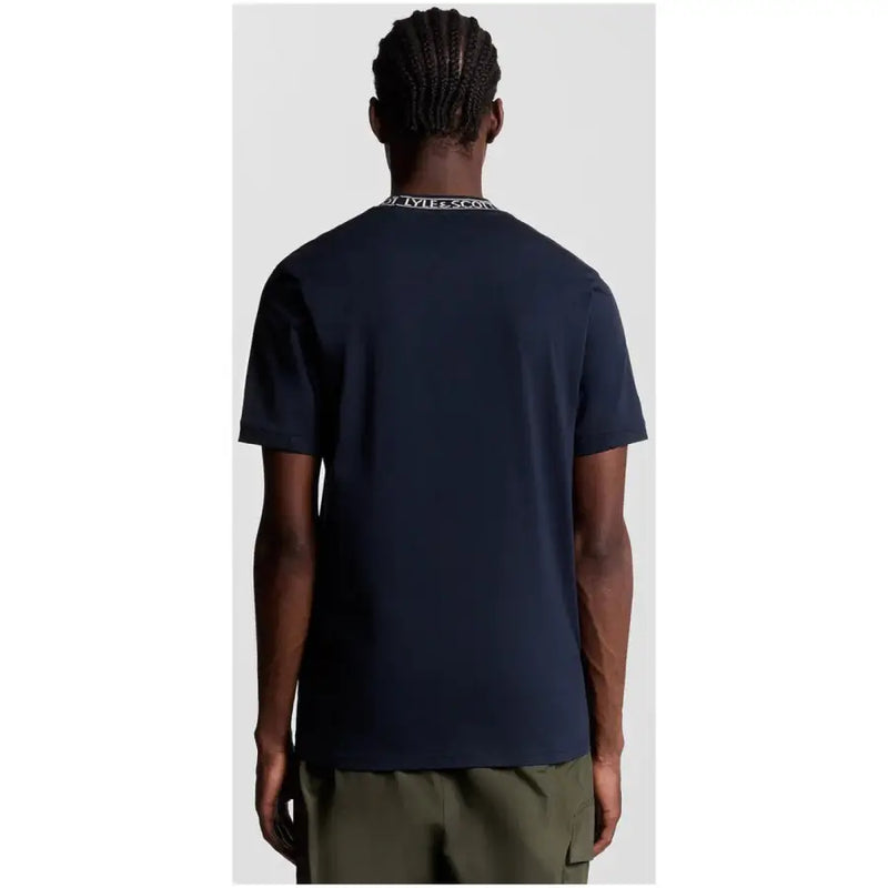 Navy blue short-sleeved cotton t-shirt for men by Lyle & Scott with a white logo band around the collar