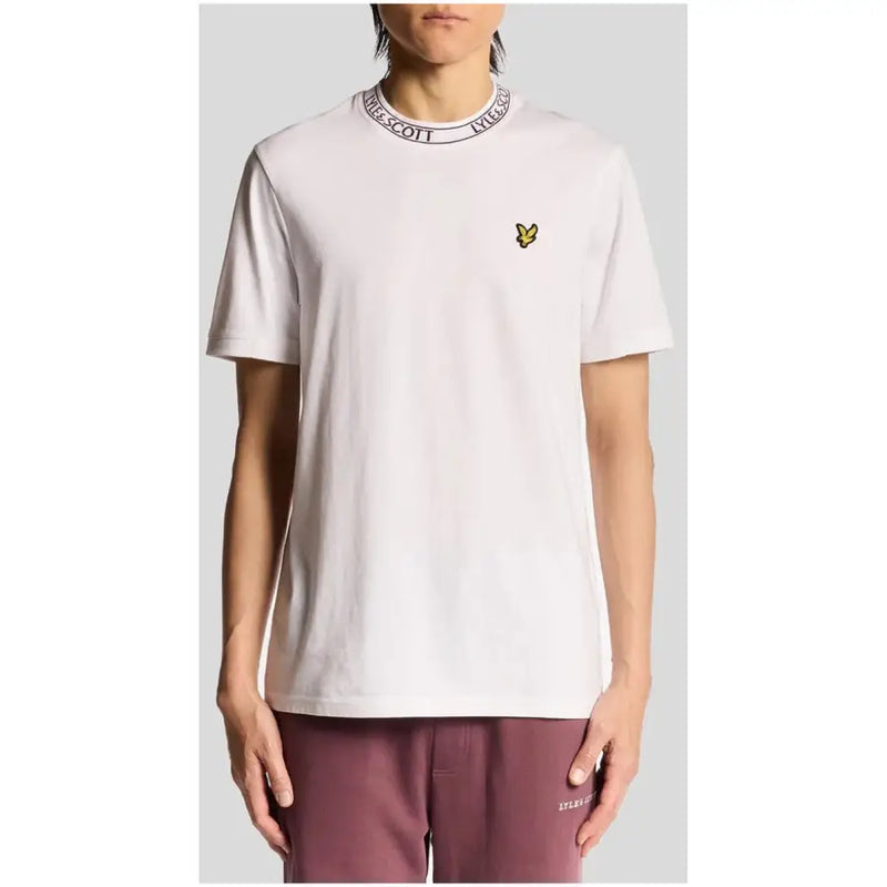 Lyle & Scott men white cotton t-shirt with ribbed collar black logo and yellow embroidered bird emblem on left chest