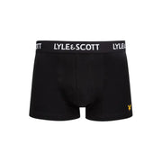 Lyle & Scott men’s black boxer briefs with white waistband, branded logo, and gold bird emblem on lower right leg