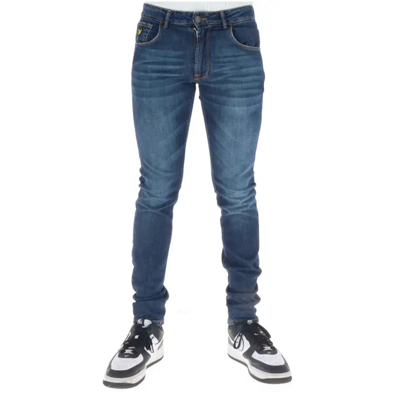 Lyle & Scott men’s slim fit dark blue denim jeans with subtle fading and yellow logo on front right pocket