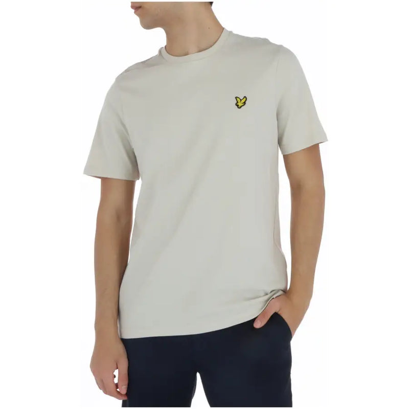 Lyle & Scott beigefarbenes Kurzarmhemd für Herren t-shirt mit gelbem, gesticktem Vogellogo auf der linken Brust