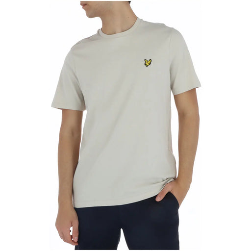 Lyle & Scott men’s beige short-sleeved t-shirt with yellow embroidered bird logo on the left chest