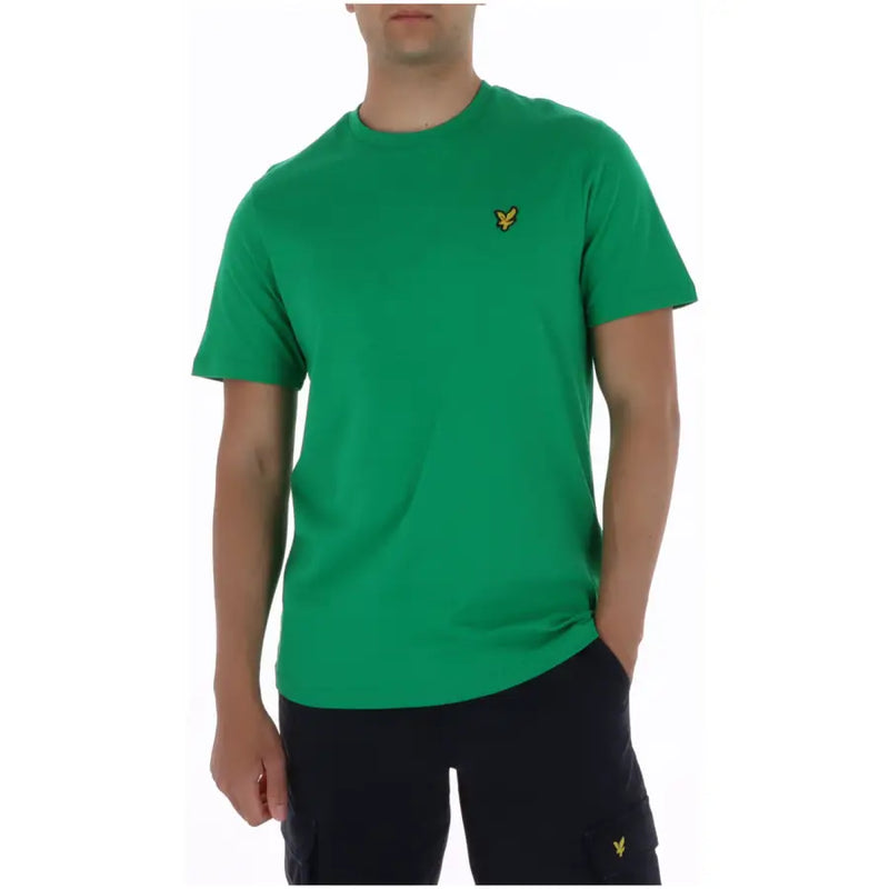 Green Lyle und Scott t-shirt mit einem kleinen gelben Vogellogo auf der linken Brustseite im Herren-Rundhals-Stil