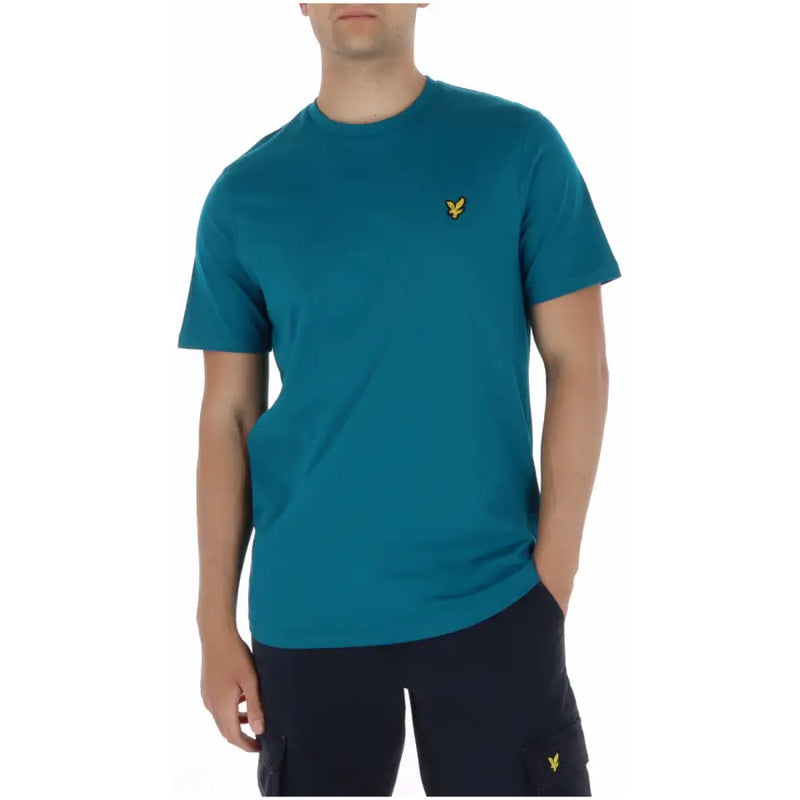 Lyle & Scott Herren-Kurzarmshirt in Türkis t-shirt mit einem gelben Vogellogo auf der linken Brust und einem runden Halsausschnitt