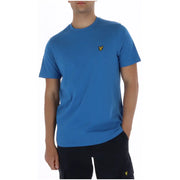Lyle & Scott Herren-Kurzarmshirt mit Rundhalsausschnitt, blau t-shirt mit einem kleinen gelben Vogellogo auf der Brust