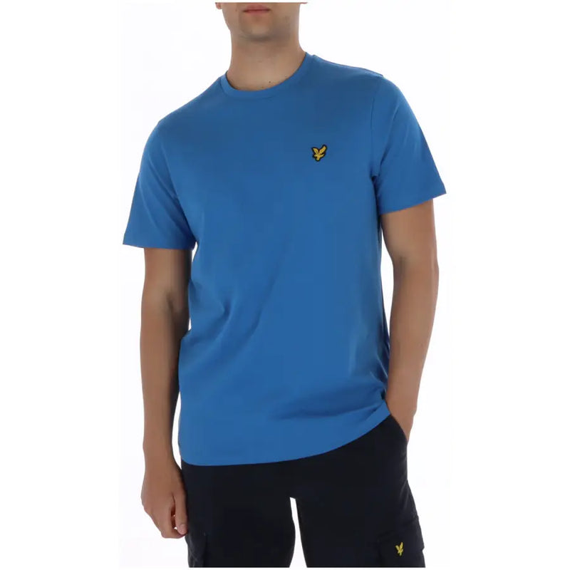 Lyle & Scott Herren-Kurzarmshirt mit Rundhalsausschnitt, blau t-shirt mit einem kleinen gelben Vogellogo auf der Brust