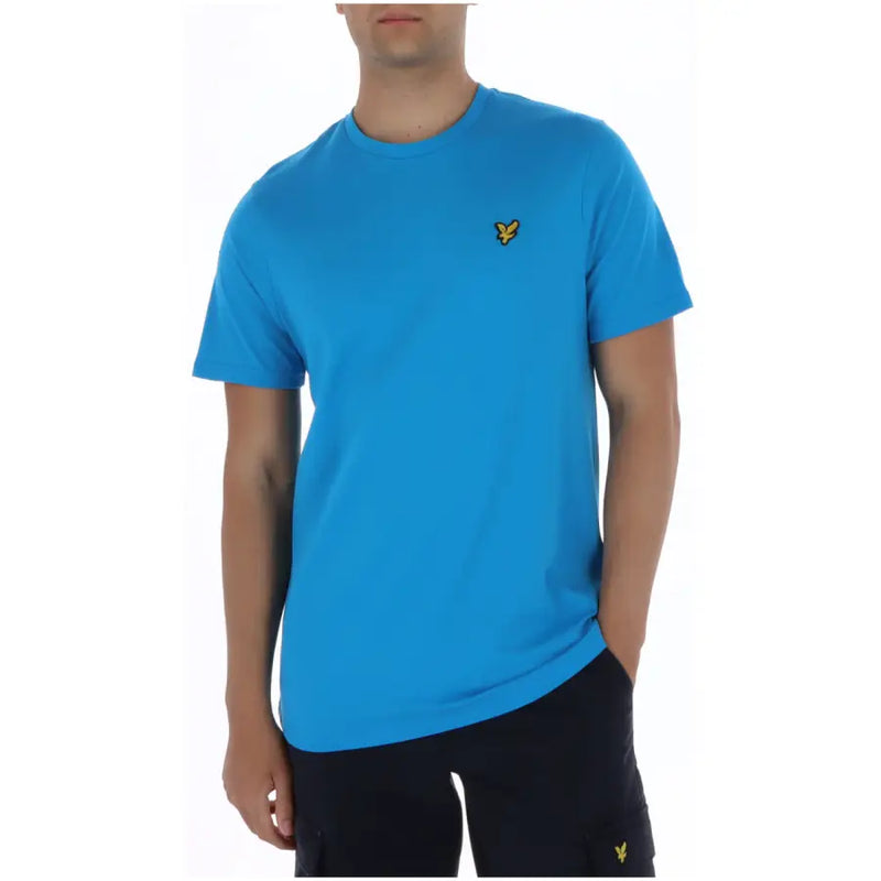 Lyle & Scott Herren-Kurzarmshirt mit Rundhalsausschnitt, hellblau t-shirt mit einem kleinen gelben Vogellogo auf der linken Brust