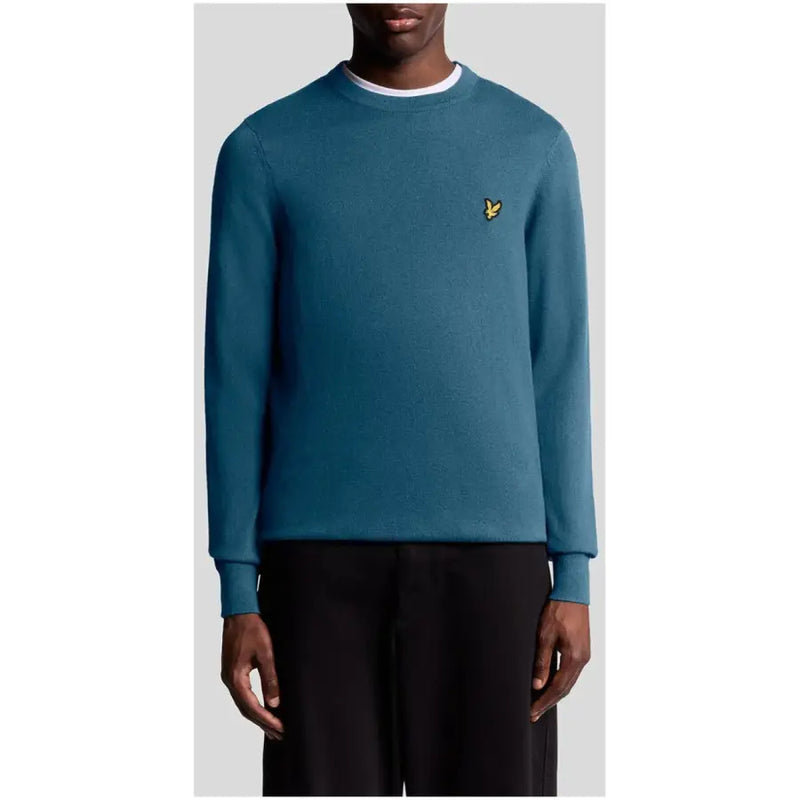 Teal crew neck sweater with yellow logo, lyle & scott brand.
