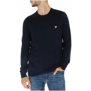 Lyle & Scott men’s navy blue long-sleeved crew neck knit sweater with a small yellow bird logo on the left chest