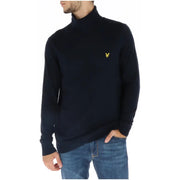 Lyle & Scott men’s navy blue turtleneck sweater featuring a small yellow embroidered bird logo on the chest