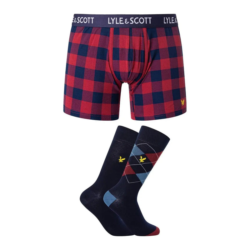 Lyle and Scott Herren-Boxershorts aus Baumwolle in Rot und Marineblau kariert mit passendem Logobund