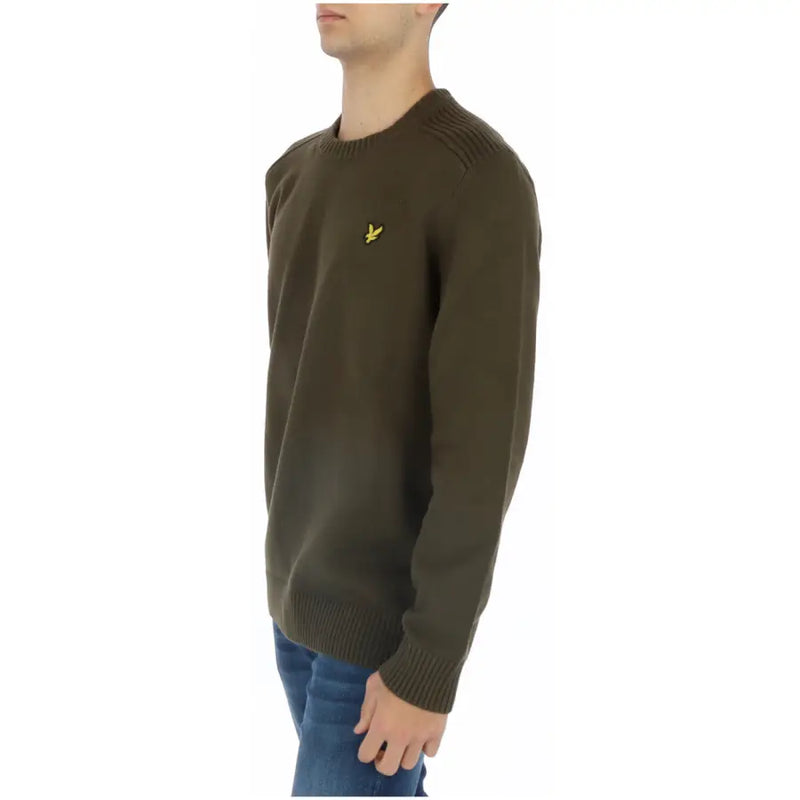 Lyle & Scott men’s olive green cotton round neck sweater with yellow bird embroidery on the chest