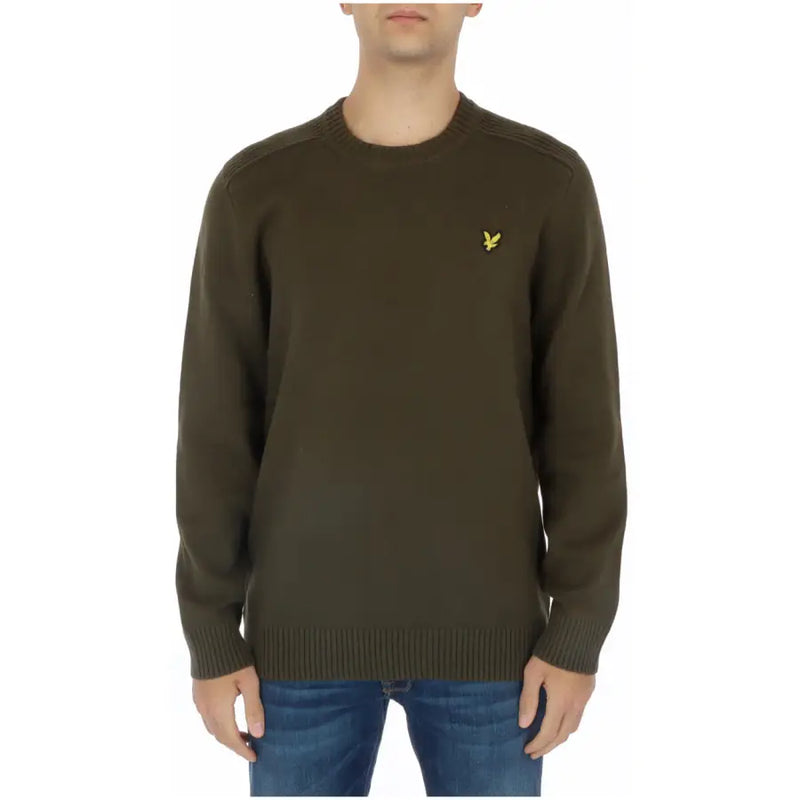 Lyle & Scott men’s olive green cotton crewneck sweater with a small yellow bird logo on the left chest
