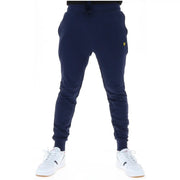 Navy blue fleece joggers with a small yellow bird logo on the thigh for casual wear by Lyle & Scott