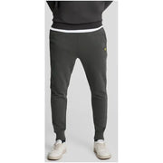 Lyle & Scott men’s grey cotton trousers with front pockets featuring a white waistband and yellow logo on the thigh