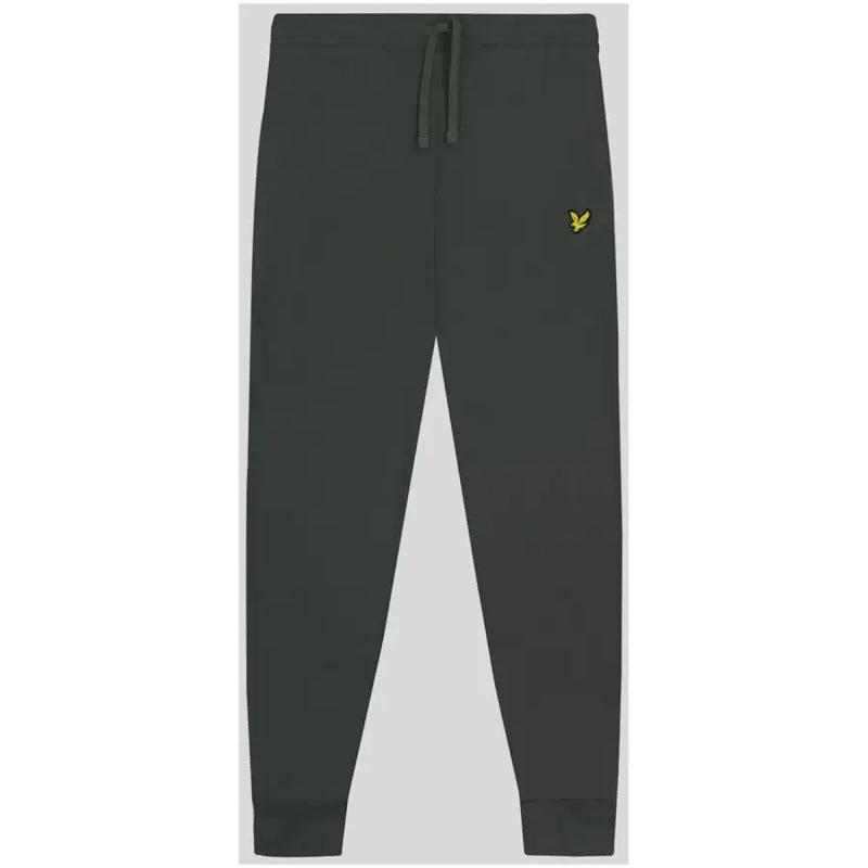 Lyle & Scott men’s dark grey cotton joggers with front pockets featuring a yellow bird logo on the left thigh