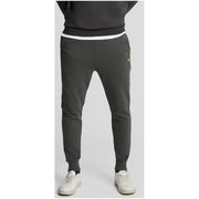 Lyle & Scott men’s grey cotton trousers with front pockets featuring a white waistband and yellow logo on the thigh
