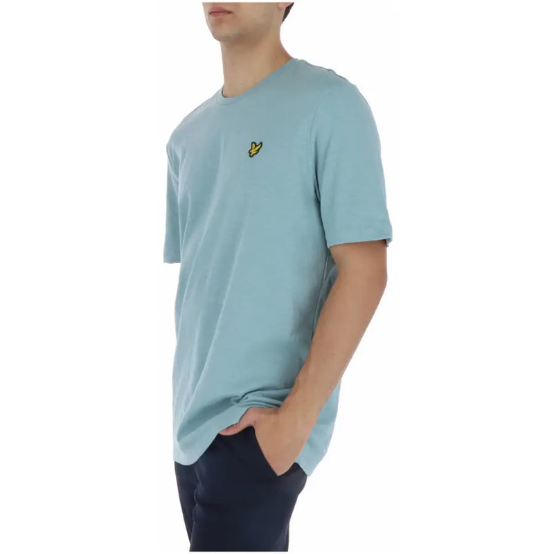 Lyle & Scott men’s light blue short-sleeved cotton t-shirt with a small yellow bird logo on the left chest