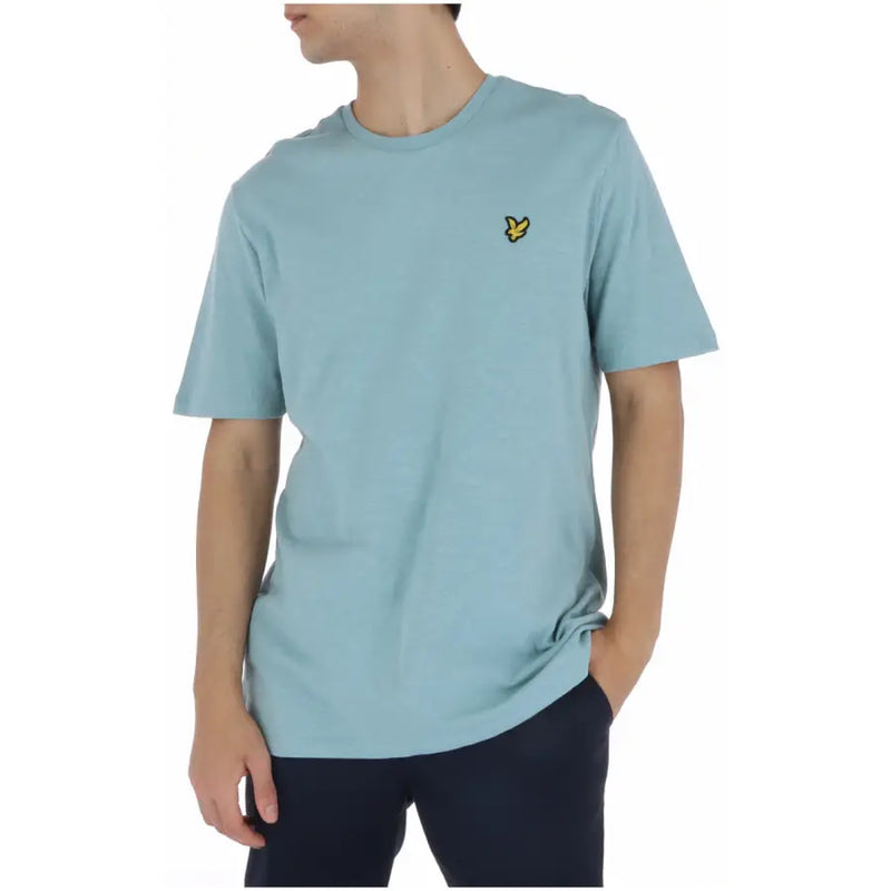 Lyle & Scott men’s light blue short-sleeved printed cotton t-shirt with small yellow embroidered bird logo on chest