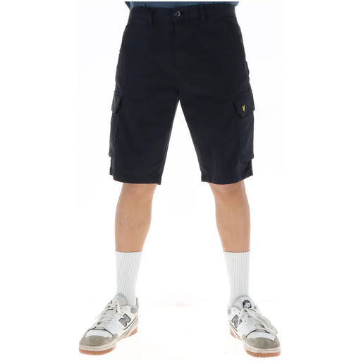 Lyle & Scott shorts for men in black with cargo side pockets and small yellow logo on thigh, front view