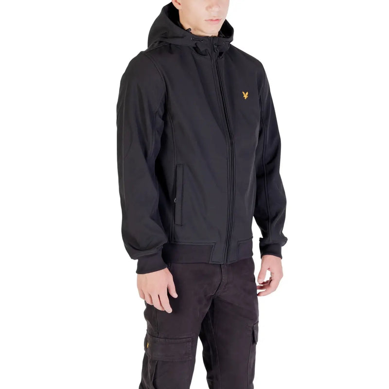 Lyle & Scott Schwarze Softshelljacke für Herren mit goldenem Vogellogo auf der linken Brust, Vorderansicht